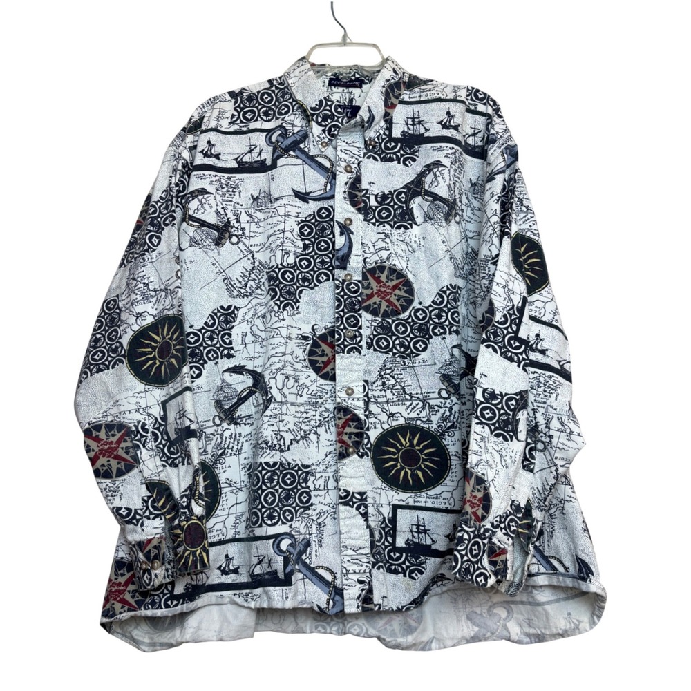 417 Van Heusen Button Down Shirt Mens XXL‎ 2XL AOP Nautical Cotton Vintage 90s